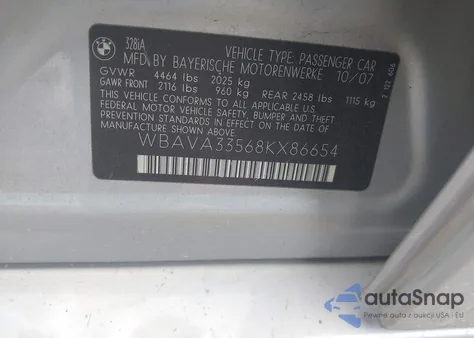 2008 BMW 328I z USA, uszkodzony, nr VIN WBAVA33568KX86654